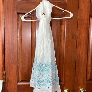 White scarf with Teal and Purple Accent/Trim